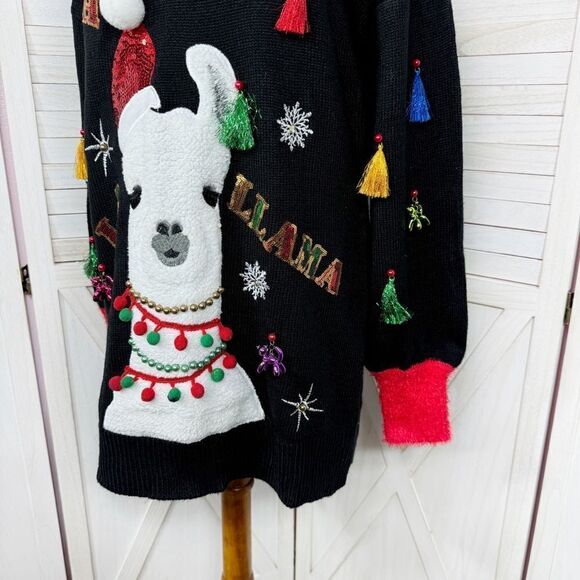 Holiday Time La La Llama Ugly Christmas Tunic Sweater Black Small - Picture 7 of 15